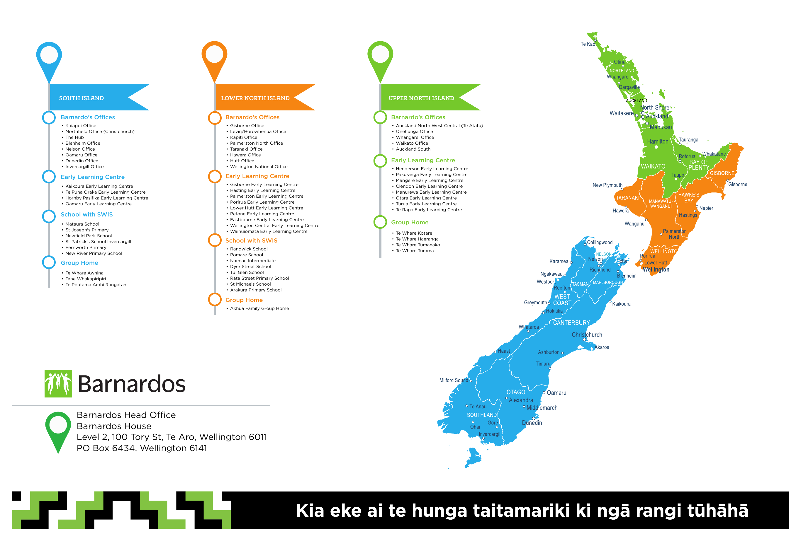 Barnardos New Zealand service map showing offices, early learning centres, schools with SWIS, and group homes by region