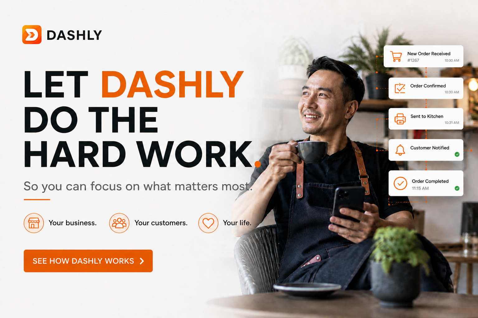 Dashly campaign illustrating how automation creates more time for business, customers and life