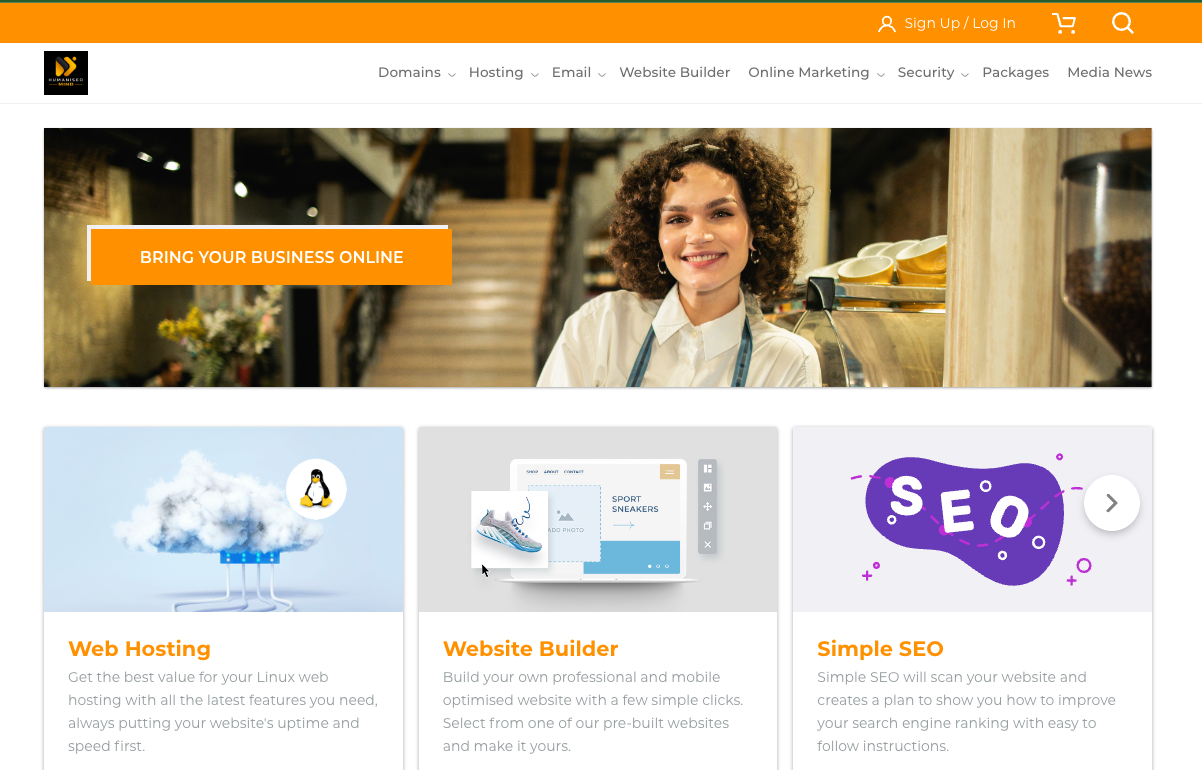 Humanised Mind CMS storefront showing navigation, service categories, and connected hosting products