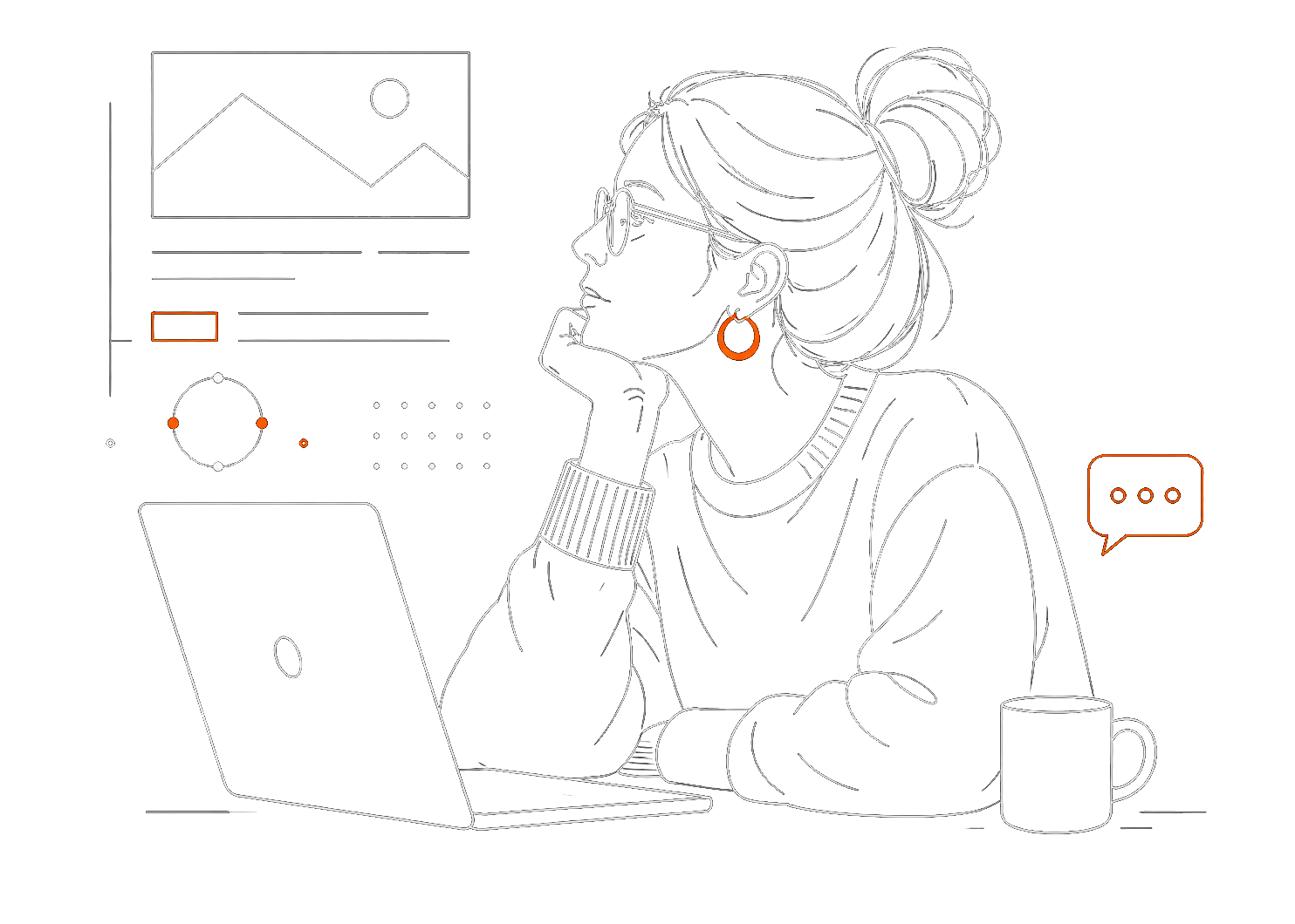 Line illustration of a designer working on a laptop