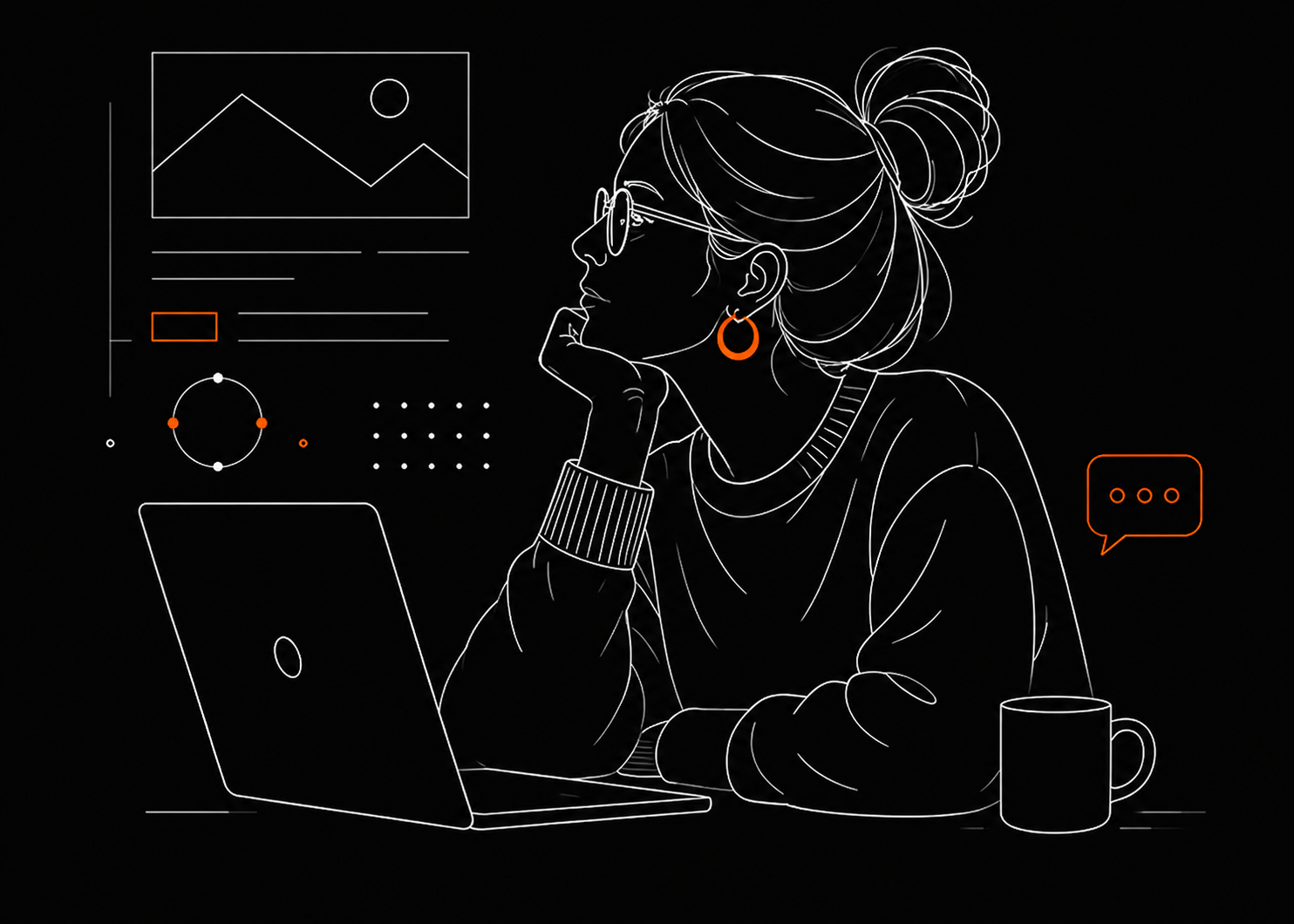 Line illustration of a designer working on a laptop
