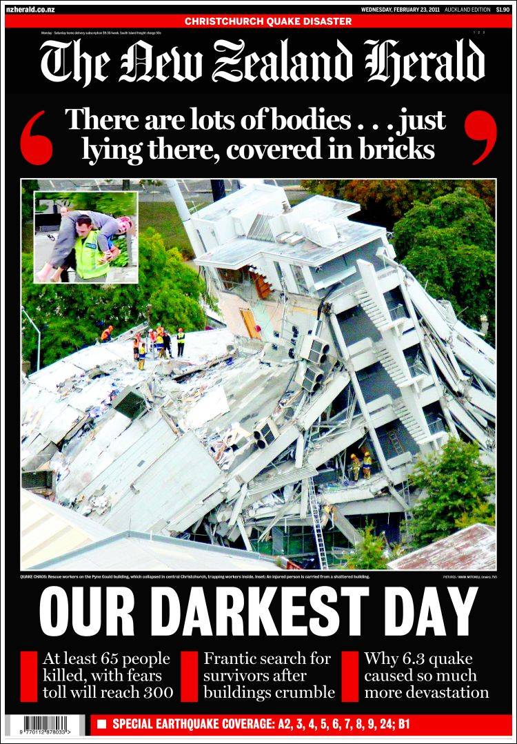 The New Zealand Herald front page from 23 February 2011 covering the Christchurch earthquake under the headline Our Darkest Day