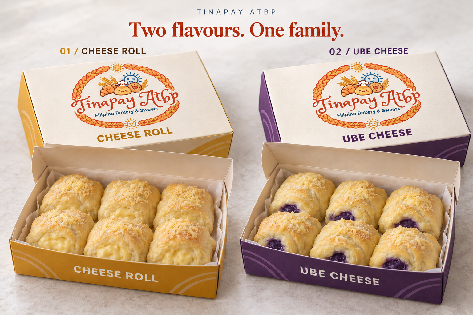 Tinapay Atbp Cheese Roll and Ube Cheese bakery packaging concepts